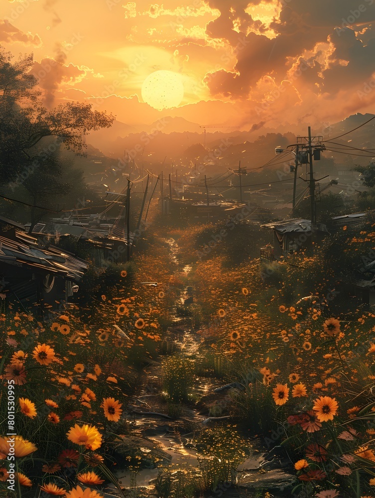 Restoring the Polluted Paradise A Sunflower Filled Landscape at Sunset