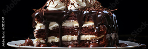 A decadent and rich plate of creamy chocolate cake with chocolate ganache and whipped cream.
