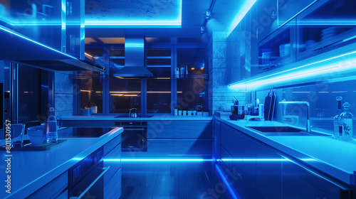 A futuristic kitchen bathed in blue neon light, showcasing sleek countertops and high-tech appliances.