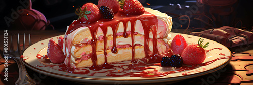 A decadent and rich plate of creamy cheesecake with strawberry sauce.