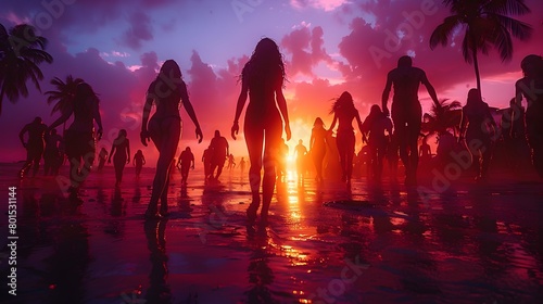 Silhouetted Figures Dancing at Sunset on a Tropical Beach
