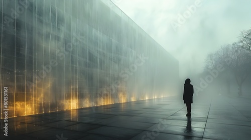 Solitary Figure Traversing Ethereal Landscape of Reflective Glass and Mist