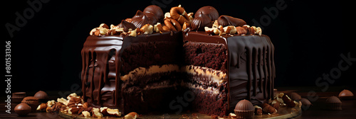 A decadent chocolate cake with rich frosting and chopped nuts.