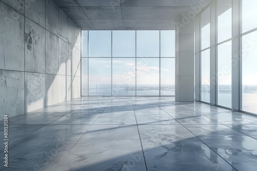 Bright empty concrete interior panoramic windows.