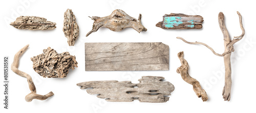 natural beach / sea / summer decoration or home decor, collection of driftwood isolated over a transparent background, washed out roots, twigs, boards / signs and small pieces with holes, top view 
