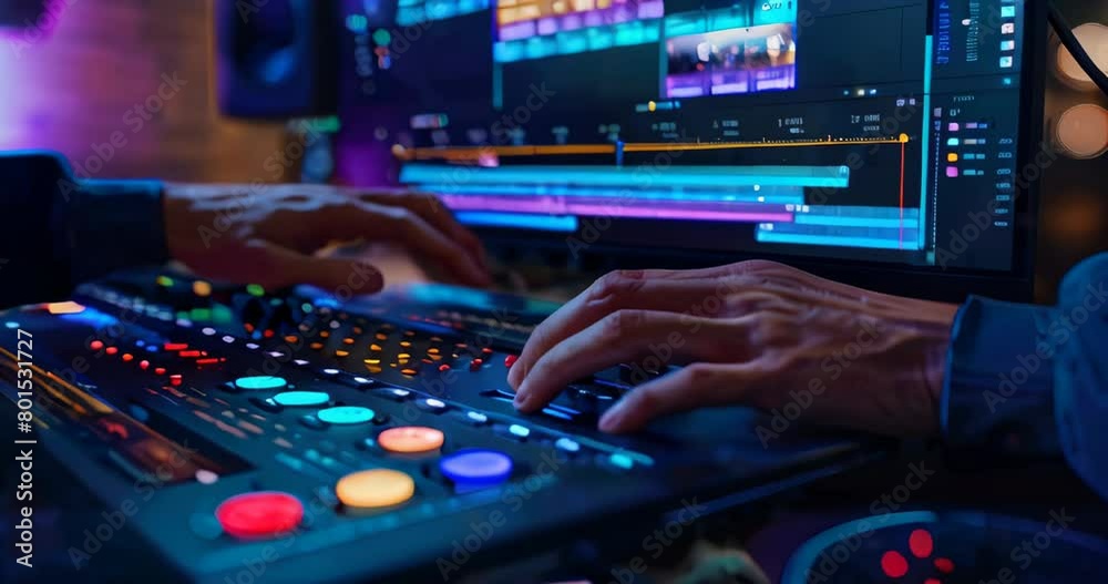 Video editing. Close-up view of a video editor's hands meticulously working on software timeline with colorful tracks Video editing. Close-up view of a video editor's hands meticulously working on software timeline with colorful tracks