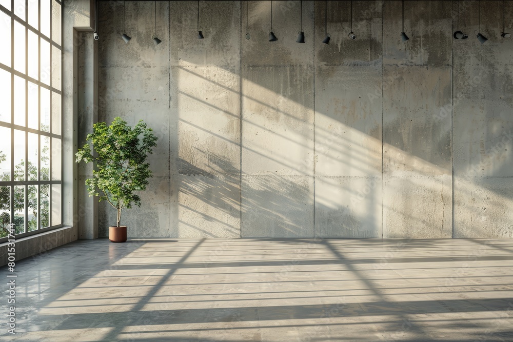 Bright empty concrete interior panoramic windows.