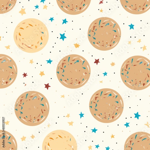 Tan background simple minimalistic seamless pattern, multicolored playful hand drawn cute lines and stars on sugar sprinkles on a donut, confetti