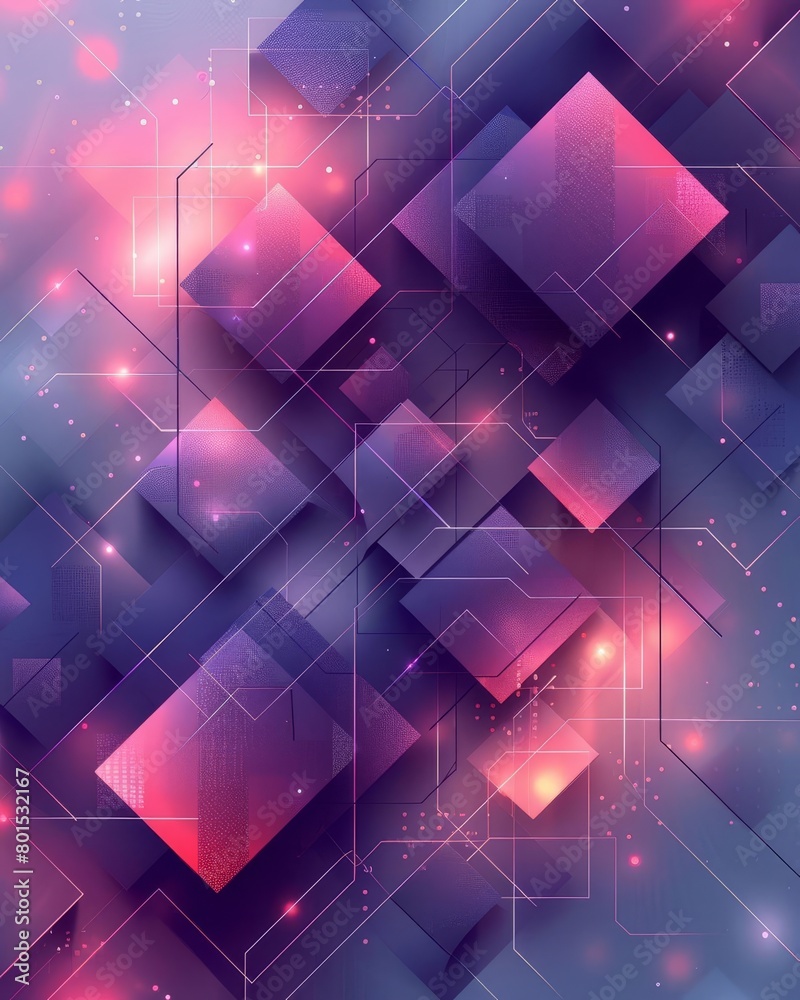 An abstract geometric design with glowing pink and purple squares and connecting lines on a dark blue background.