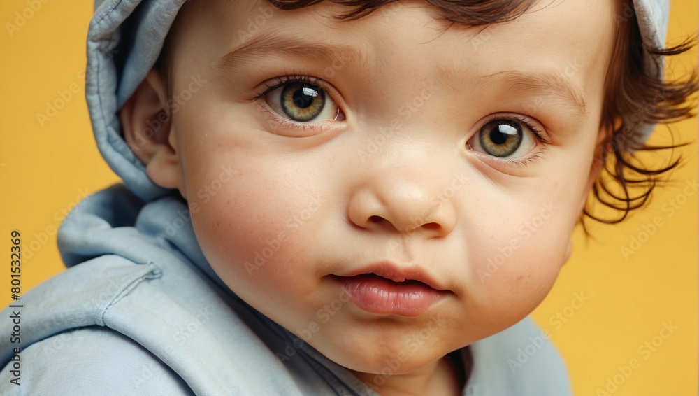 close up baby boy isolated on yellow background close up baby boy isolated on yellow background