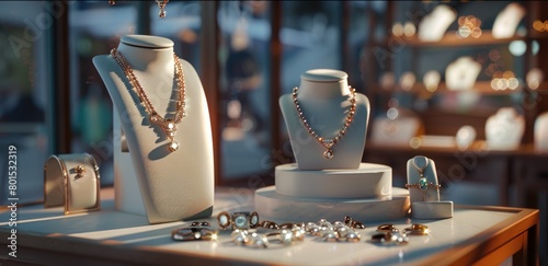Elegant Jewelry Display with Sparkling Necklaces and Rings in Boutique photo