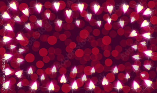 Romantic background with glowing hearts for the holidays. Background for lovers. Beautiful image with hearts. Glowing light bulbs. Hearts emitting light.