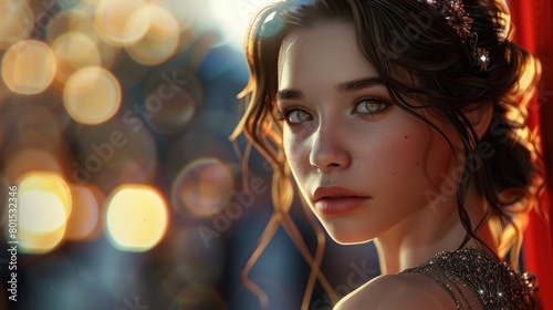 Enchanting Portrait of Young Woman with Sparkling Bokeh Background