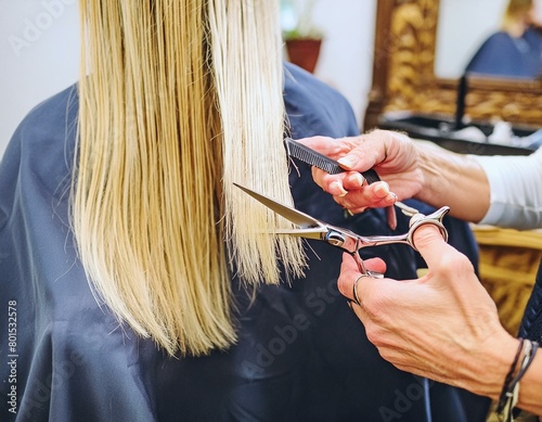 Blonde Frau sitzt beim Friseur - Frisör schneidet mit Schere Haare photo