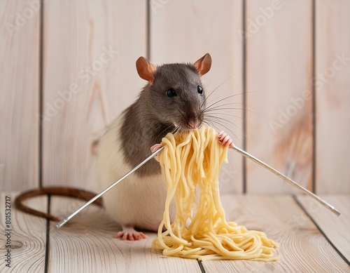 Ratte frisst Nudeln mit Stricknadel . Maus frisst Spagehtti photo