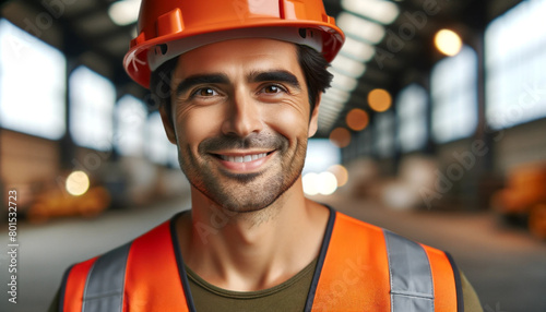 Close-up portrait of a man wearing a protective orange work vest and hard hat, smiling broadly. His eyes are cheerful and his overall facial expression is very friendly and attractive. photo