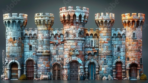 A set of medieval castle towers. Fairytale mansion exteriors, castles with gates and fortified palaces. Old ancient gothic tower fortress or fairy citadel cartoon modern isolated icons. photo