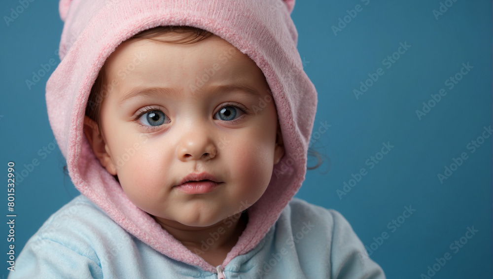close up baby girl isolated on blue background close up baby girl isolated on blue background