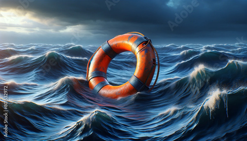 Close-up of a lifebuoy floating on the water. Lifebuoy in the water.