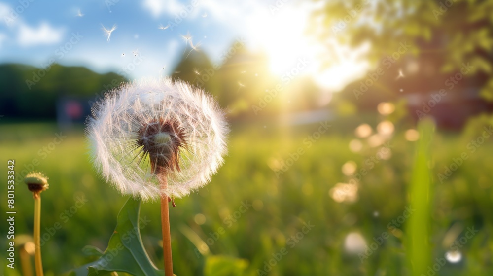 close-up of a dandelion on a natural background, sunny day , sun and green grass