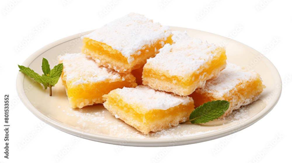 A white plate topped with delectable pieces of lemon bars