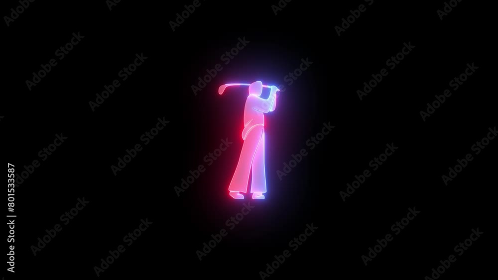Neon golf stick man icon blue red color glowing animated black background