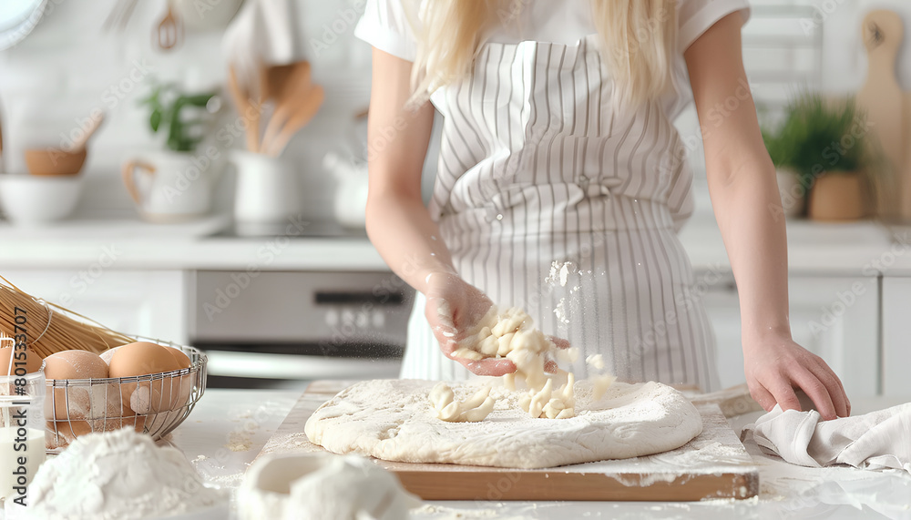 Woman kneading dough for Italian Grissini at white table in kitchen