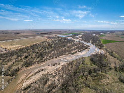 South Platte River near Big Springs, Nebraska, early spring aeiral view