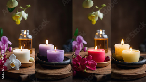 Composition of spa treatment on table colorful candle background  generative ai