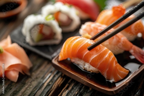 Close up of sashimi sushi set. Food. Copy Space. Free Space.