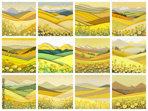 a paper cutout hills yellow mountain flower mountains wildflower valley collage mosaic sky flowers hill collection wildflowers spring season artwork style fashion pattern tile layout design © DrewTraveler