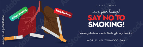 World No Tobacco Day. 31 May World No tobacco day cover banner, post with inside view of lungs showing the difference between smoker lung, non smoker healthy lung. Say no to smoking conceptual banner. photo