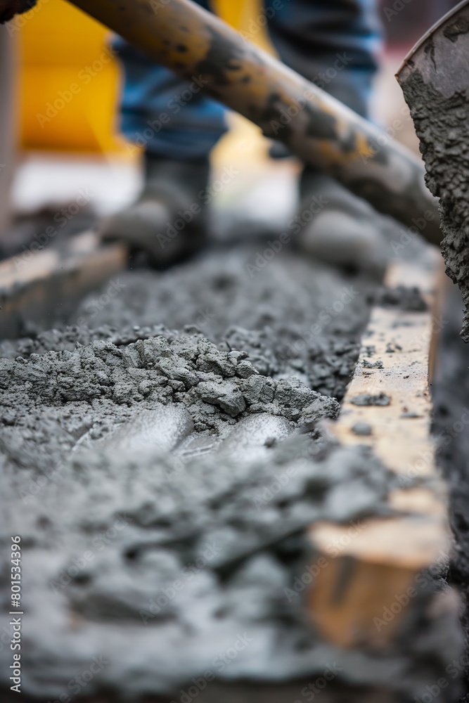 Naklejka premium Close-up image capturing the process of pouring fresh concrete with blurred worker in the background Represents development and construction