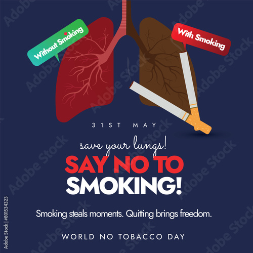 World No Tobacco Day. 31 May World No tobacco day awareness banner with inside view of lungs showing the difference between smoker lung and no smoker healthy lung. Say no to smoking conceptual banner.