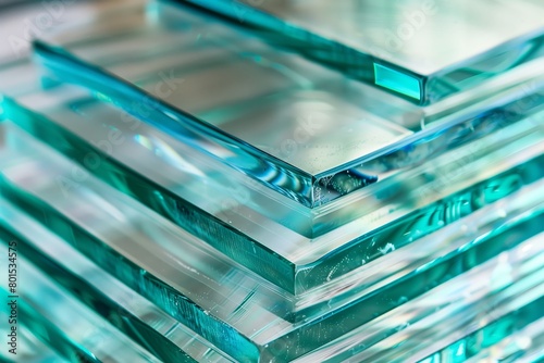 Close-up view of multiple glass sheets stacked on top of each other, the edges revealing a striking blue tint