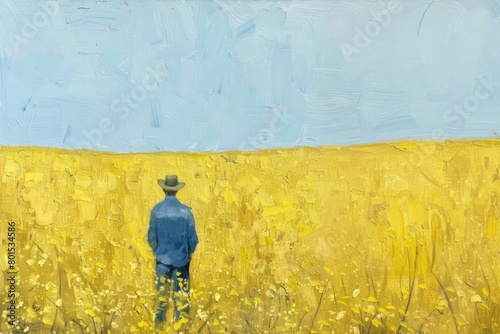 A painting of a man in yellow field. Copy Space. free space.