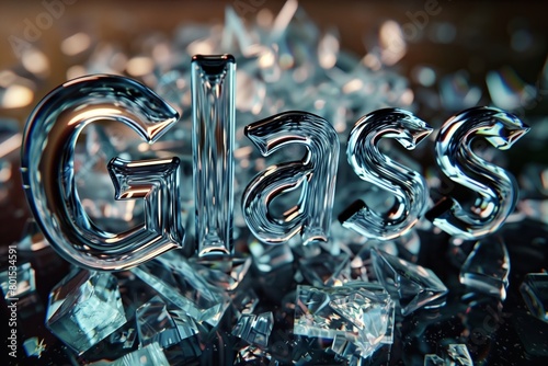 the word 'Glass' resting on broken shattered glass pieces  photo