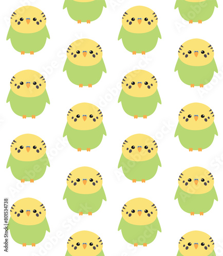 Vector seamless pattern of flat hand drawn green budgie parrot isolated on white background
