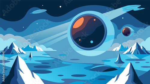 Through the distorted lenses the astronomers observed a colossal glacier rapidly melting and flooding the world creating a sense of urgency and panic..