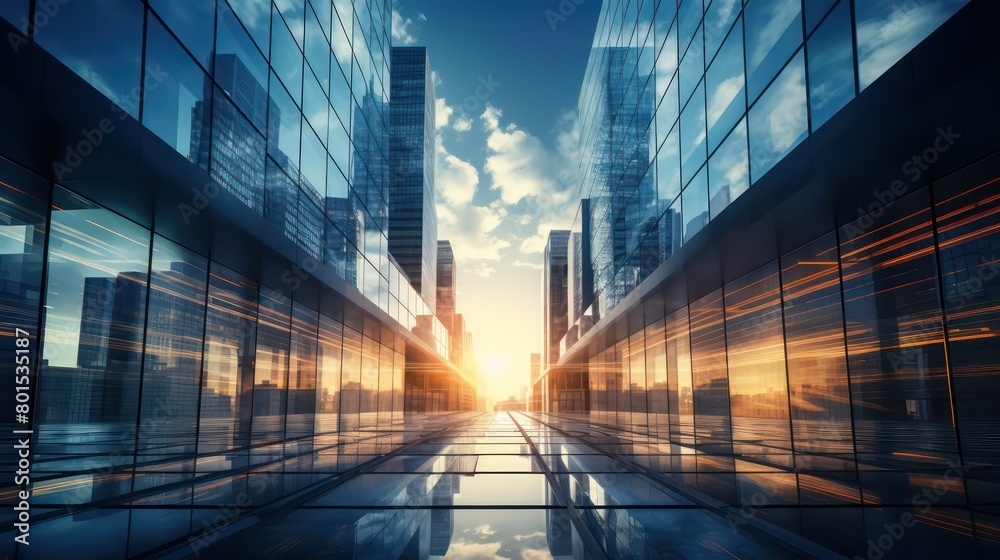 Abstract scene of modern city with glass windows and blue sky background Abstract scene of modern city with glass windows and blue sky background