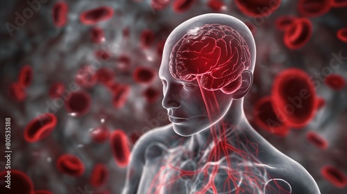 3D rendering of a human body and brain with blood cells flowing around it