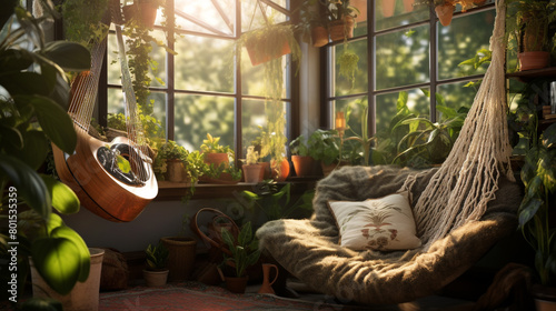 A cozy corner nook with a hammock chair suspended from the ceiling  surrounded by lush green plants and bohemian tapestries. Relaxing ambiance in a sunlit room. Promotion background.