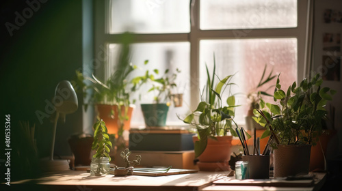 Desk of free space with green plant and window of spring time  generative ai