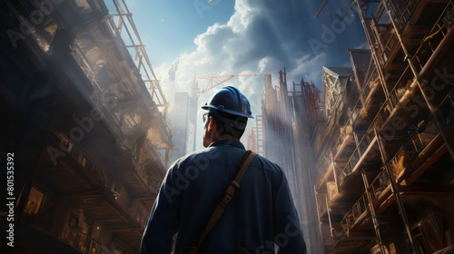 Rear view of a male engineer in a hardhat standing in front of a construction site