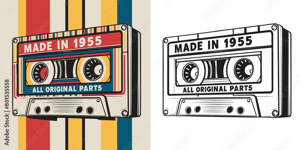 2024 cassette tape old school retro vintage vector design, made in 1955