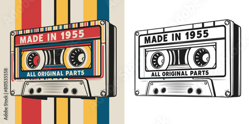 2024 cassette tape old school retro vintage vector design, made in 1955