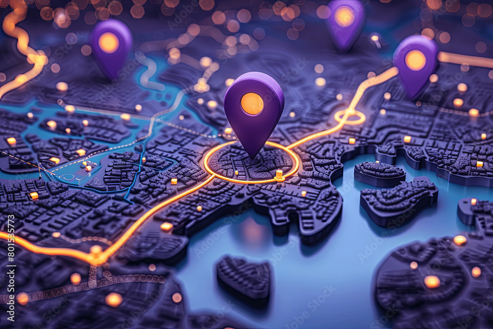 City map with four purple markers pin, geo tag on it