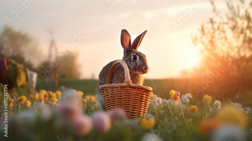 Easter bunny with a basket of eggs. Happy Easter Bunny on a card on their hind legs with flowers, generative ai photo