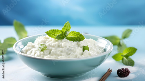 Create A High Quality Spring Rice Pudding Delight. Creamy rice pudding garnished with mint on blue background with copy space , on white background