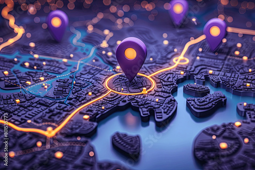 Obraz na płótnie City map with four purple markers pin, geo tag on it w salonie